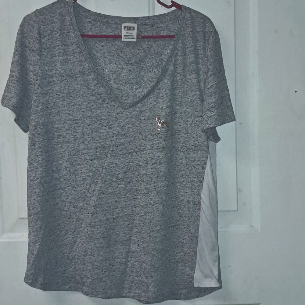 Pink VS Sequin Bling Woman's Large Gray Dog Tee 2018